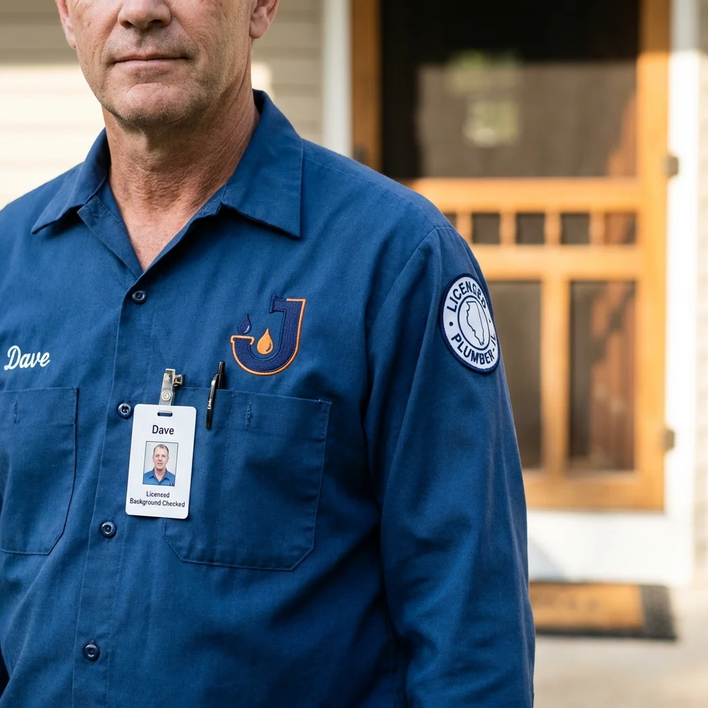 Licensed plumber showing ID badge in Woodville, TX