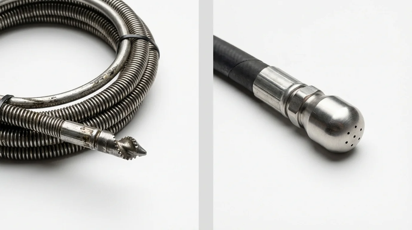 Drain snake cable and hydro jetting nozzle used for drain cleaning in Woodville, TX