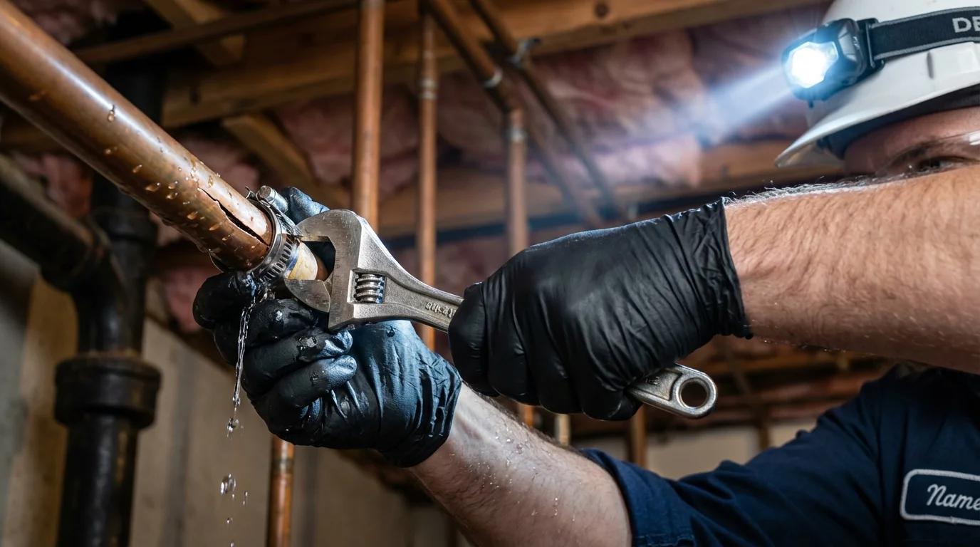 Emergency pipe clamp repair being performed by a Johns Plumbing LLC plumber in Woodville