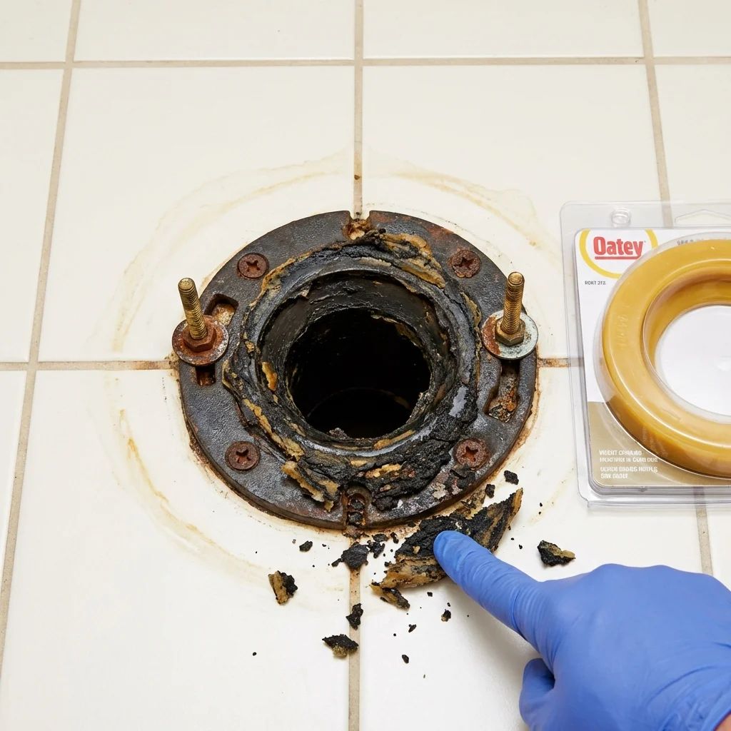 Failed wax ring showing water seepage at the base of a toilet in a Woodville, TX home