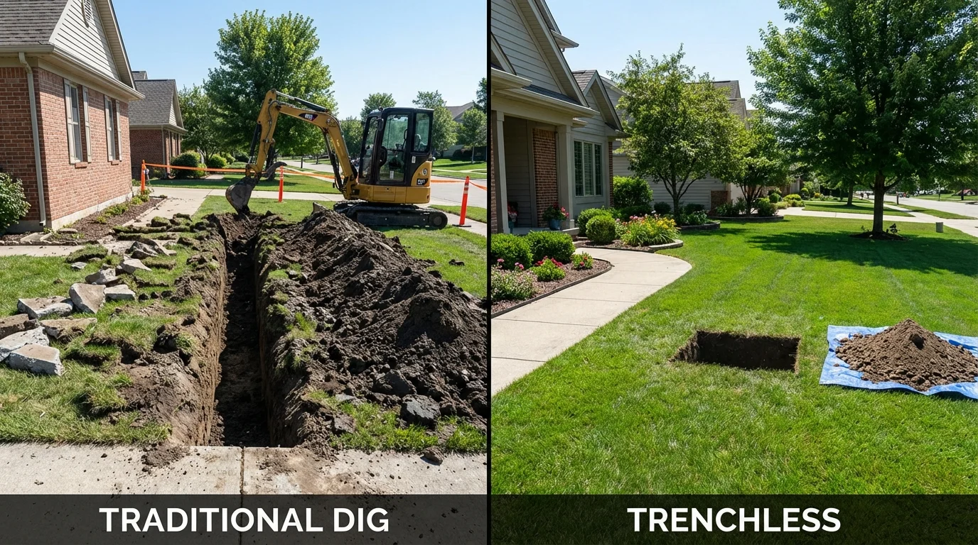 Trenchless sewer repair with minimal yard damage versus traditional excavation in Woodville, TX
