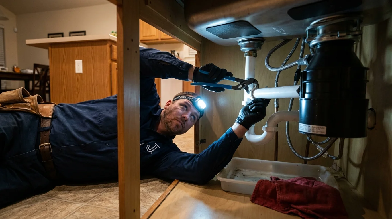 P-trap and supply line connections under a kitchen sink showing a common leak point in Woodville, TX